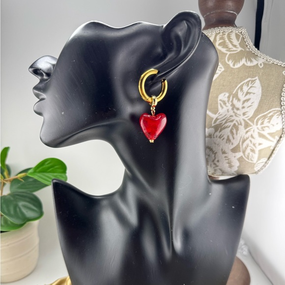 Anthropologie Jewelry - Gold Hoop Earrings with Red Heart Charm – Romantic & Playful